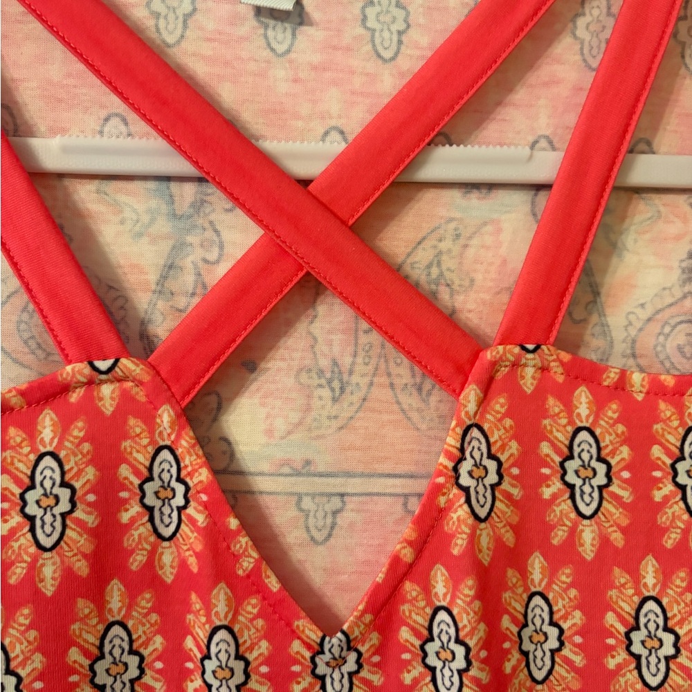 Exclusive Orange Pink Stretch Geometric Tribal Print Strapping Sundress. Size XL - Picture 3 of 5
